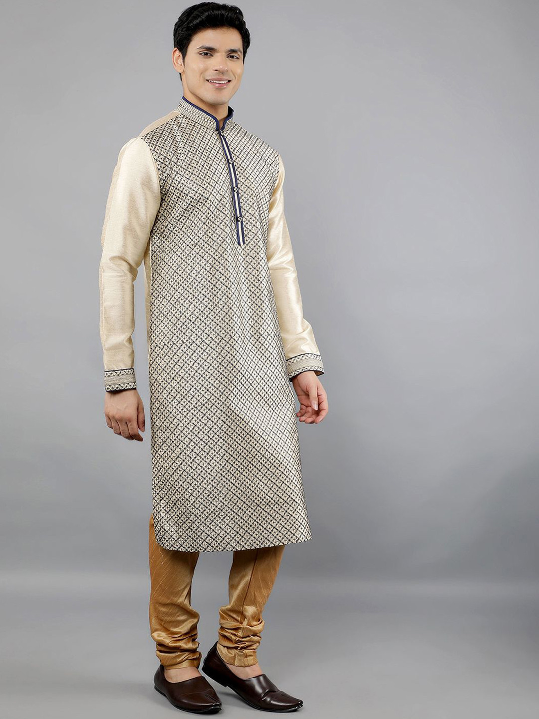 Manish Creations Embroidery Floral Woven Design Band Collar Kurta with Churidar