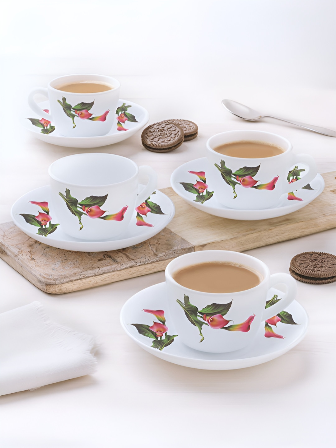 Larah by BOROSIL Stargazer 8 Pieces White & Green Printed Opalware Tea Set - 140 ml Each