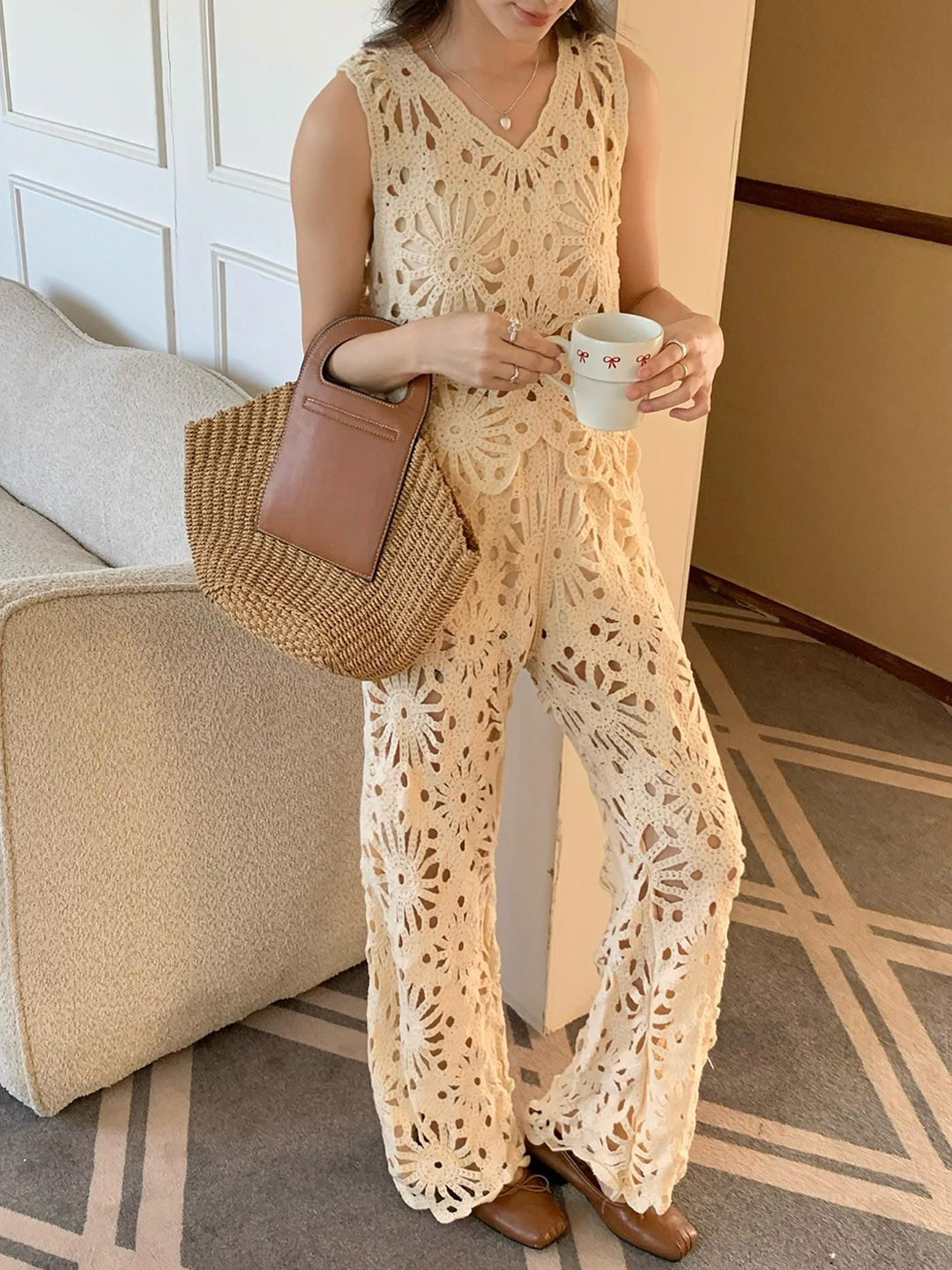 Miss Mosa By Akanksha  Astley V-Neck Crochet Top With Palazzos Co-Ords