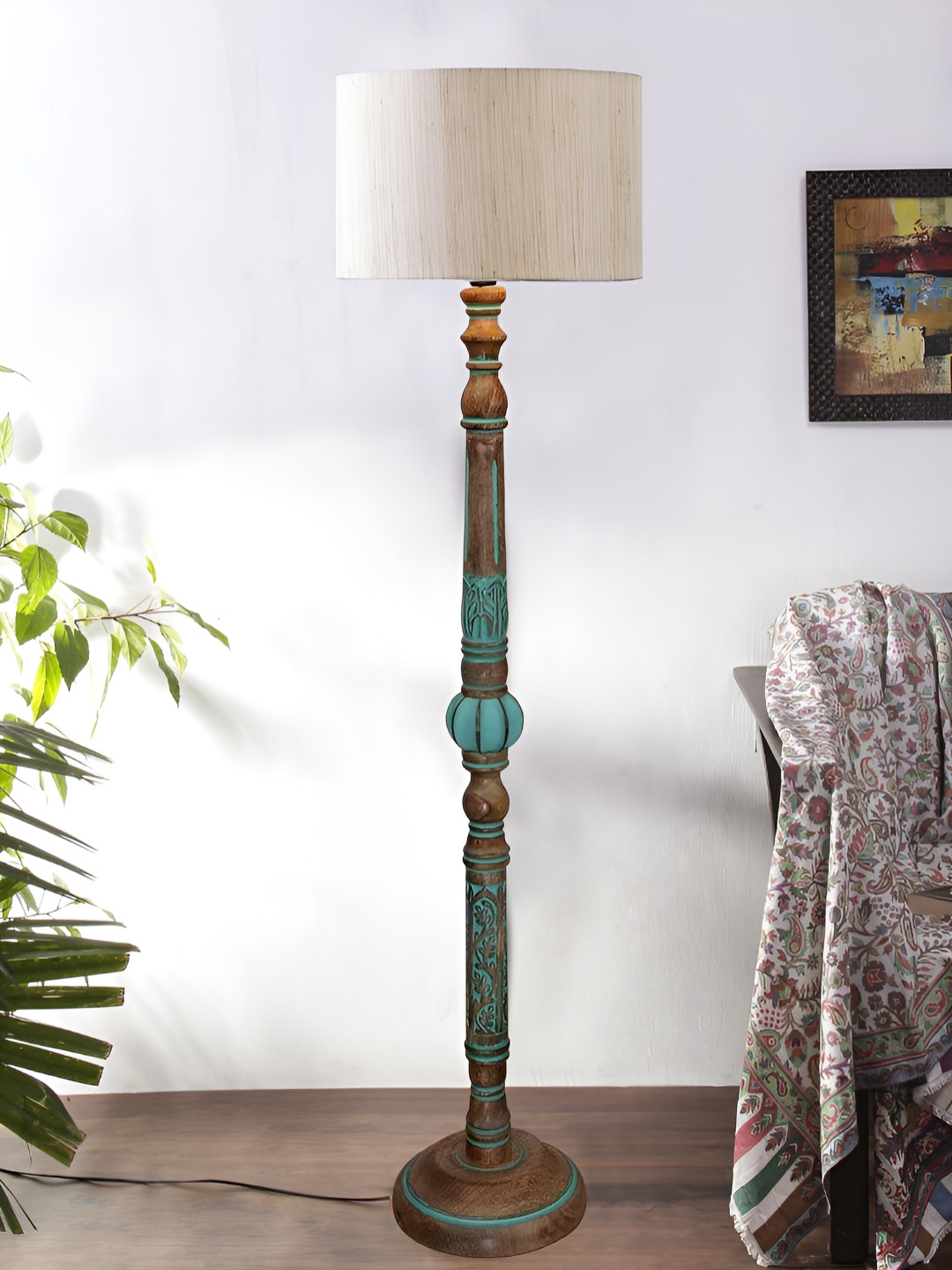 Devansh Brown & Blue Drum Shade Floor Lamp With Wooden Base