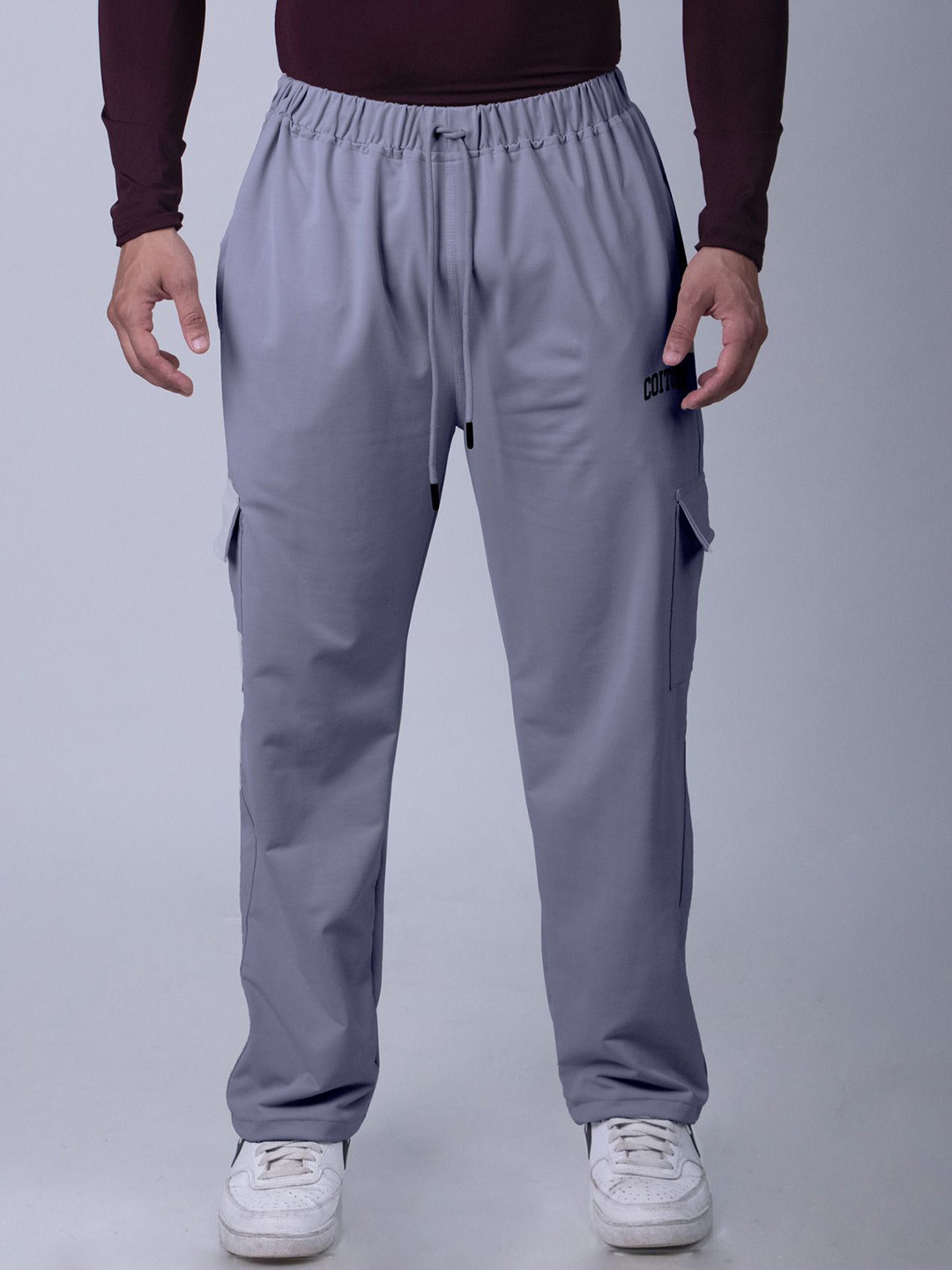 Coitonic Men Brand Logo Printed 4-Way Stretchable Anti Microbial Cargo Track Pants