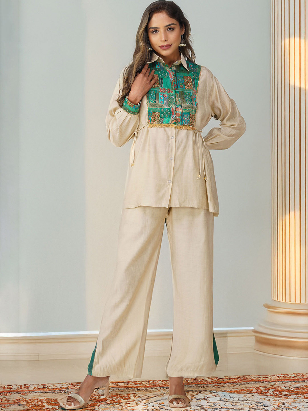 Bindigasm Woven Design Shirt Collar Pure Silk Shirt & Palazzo