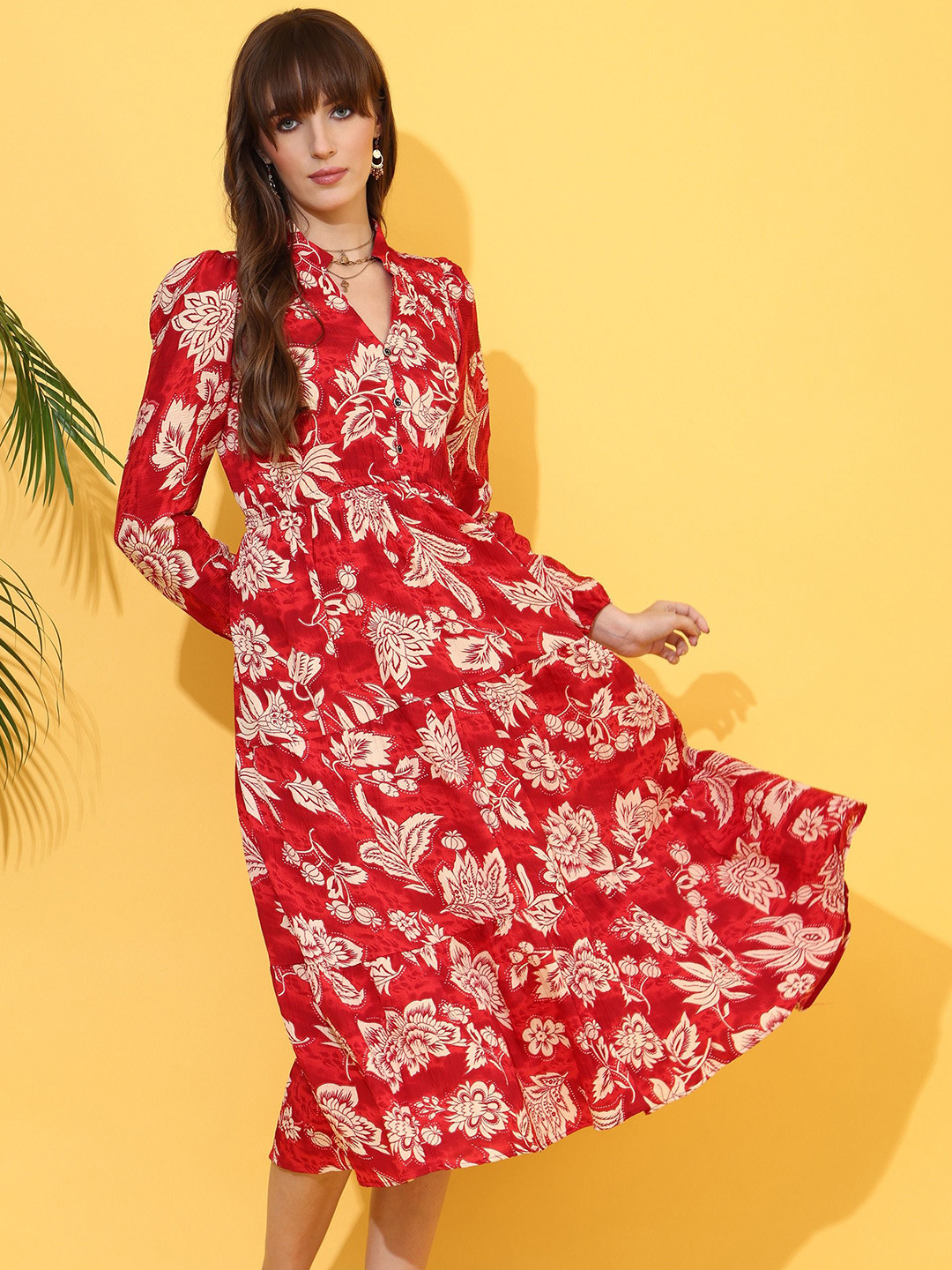 De La Moda Floral Print Crepe Fit & Flare Midi Dress