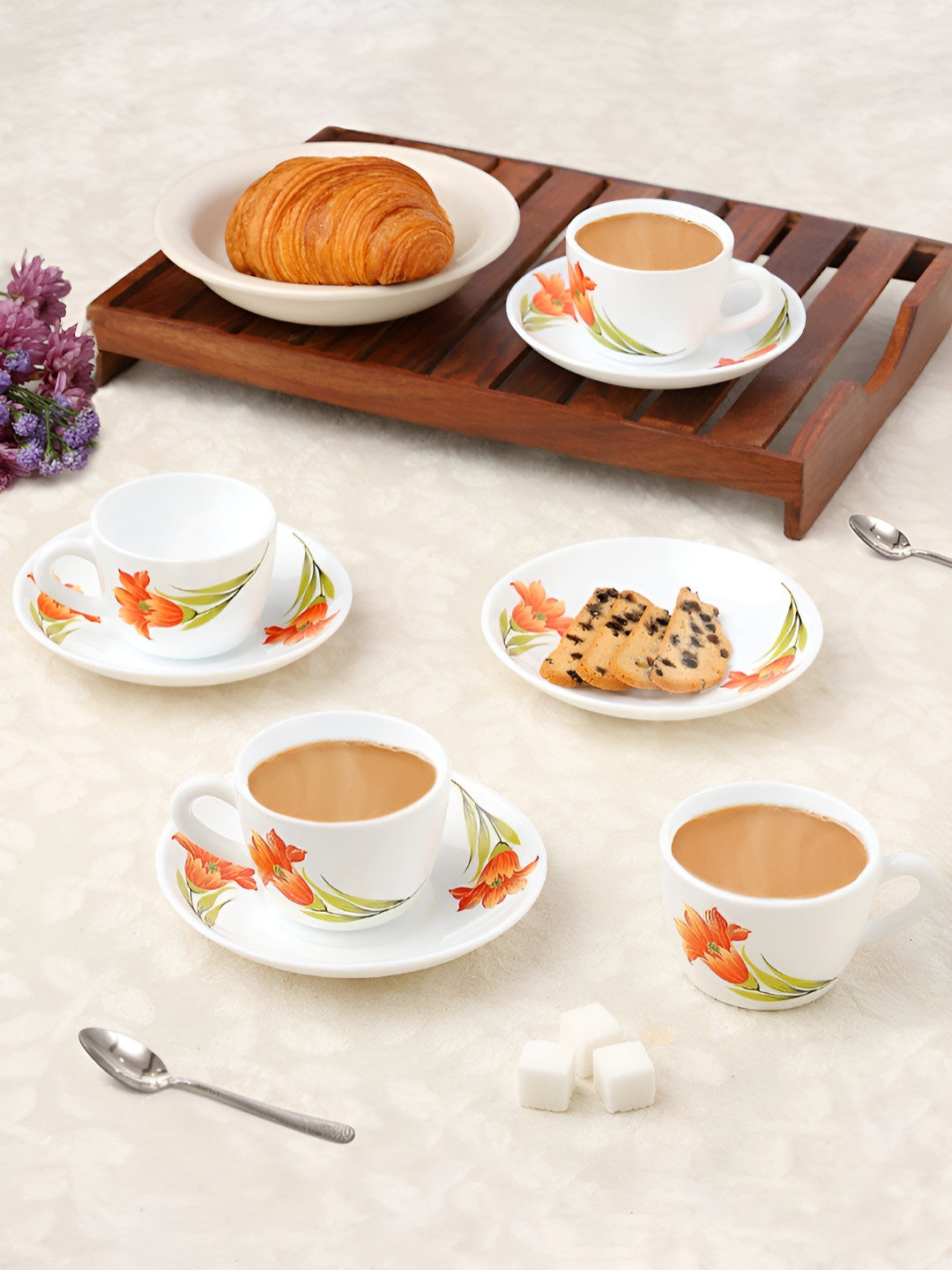 Larah by BOROSIL Iris 8 Pieces White & Red Printed Opalware Tea Set - 140 ml Each