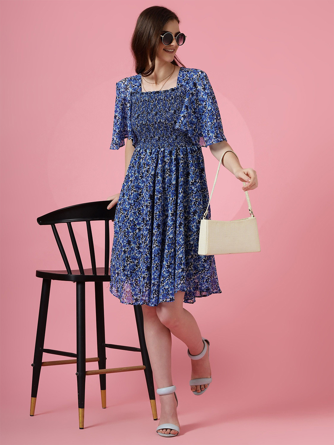 De La Moda Floral Print Flared Sleeve Georgette Fit & Flare Midi Dress