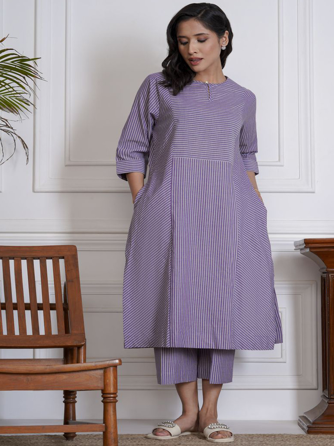 House of Nitya Striped Key Hole Neck A Line Pure Cotton Kurta With Trousers