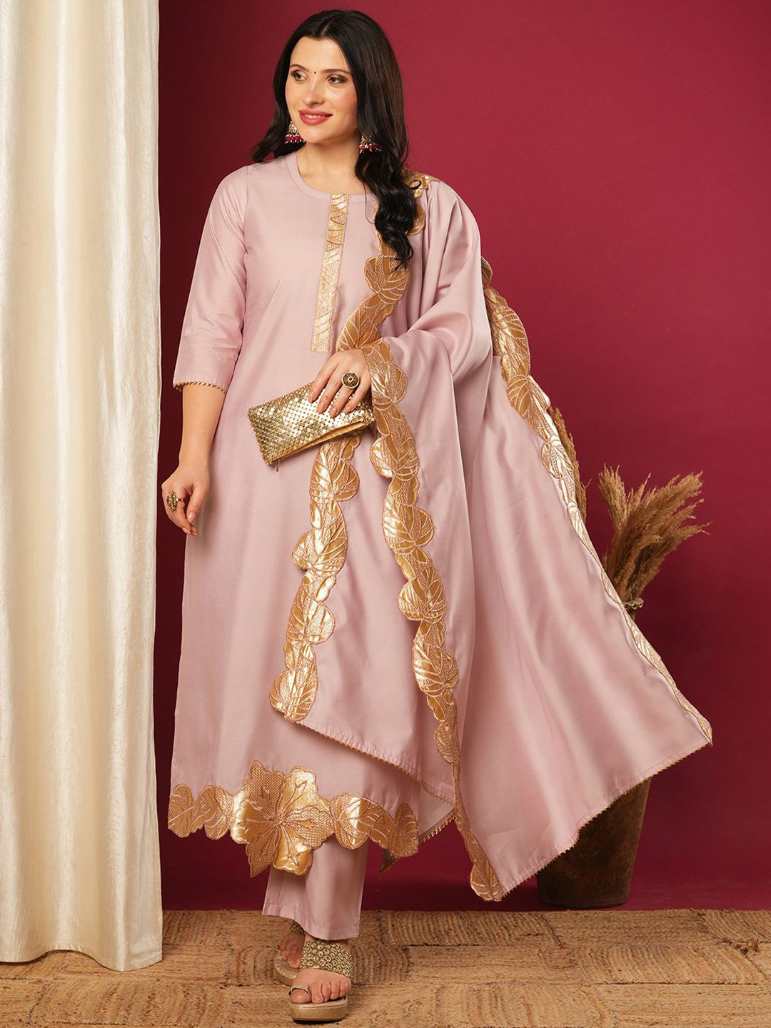 GoSriKi Round Neck Gotta Patti Straight Kurta With Trousers & Dupatta