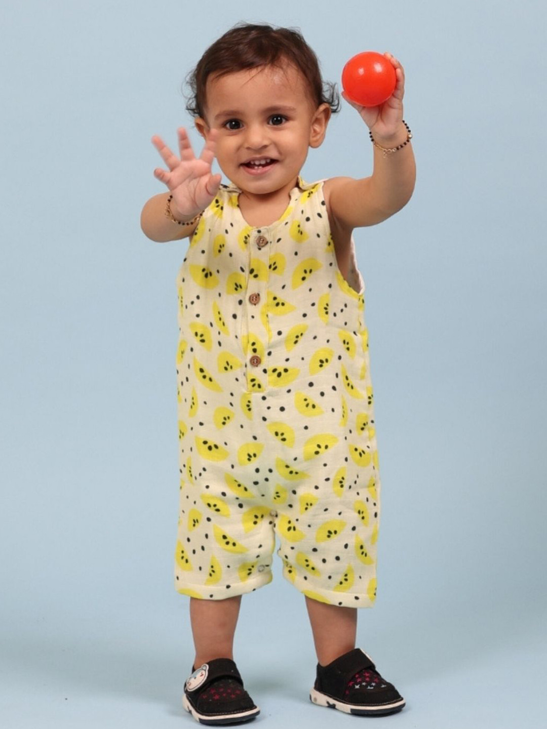 MAMA AND PEACHES Kids Lemons Printed Muslin Cotton Double Layer Romper