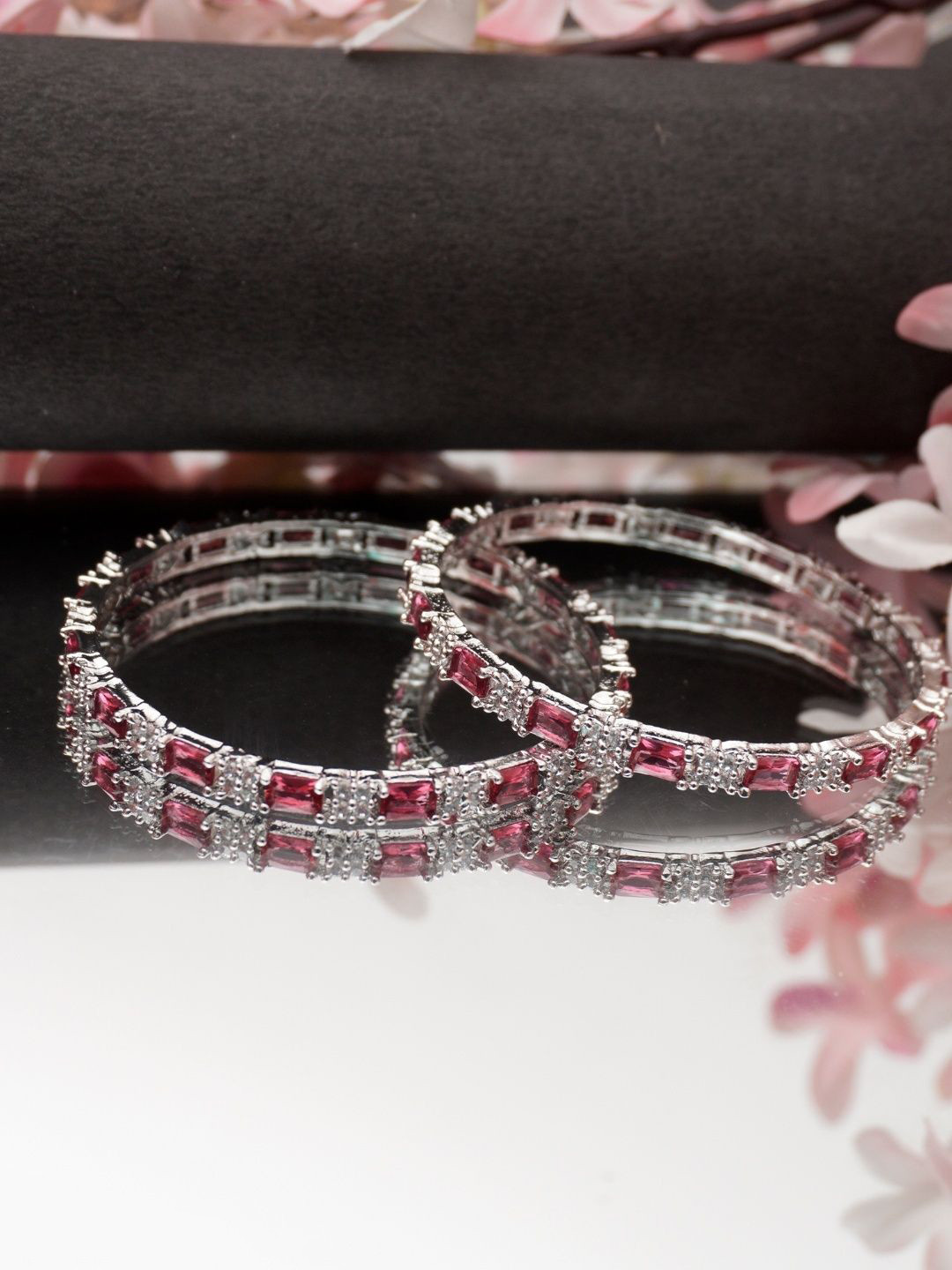 Niscka Set Of 2 Silver-Plated Ruby American Diamond Bangles