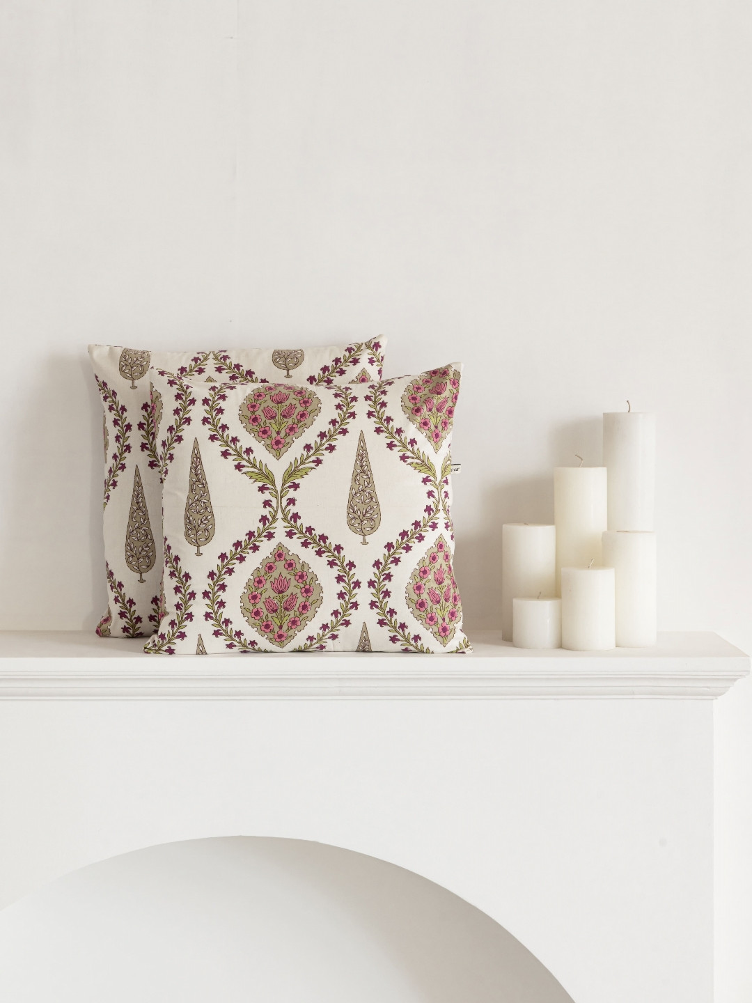 Clasiko White & Purple 2 Pieces Floral Printed Cotton Square Cushion Covers