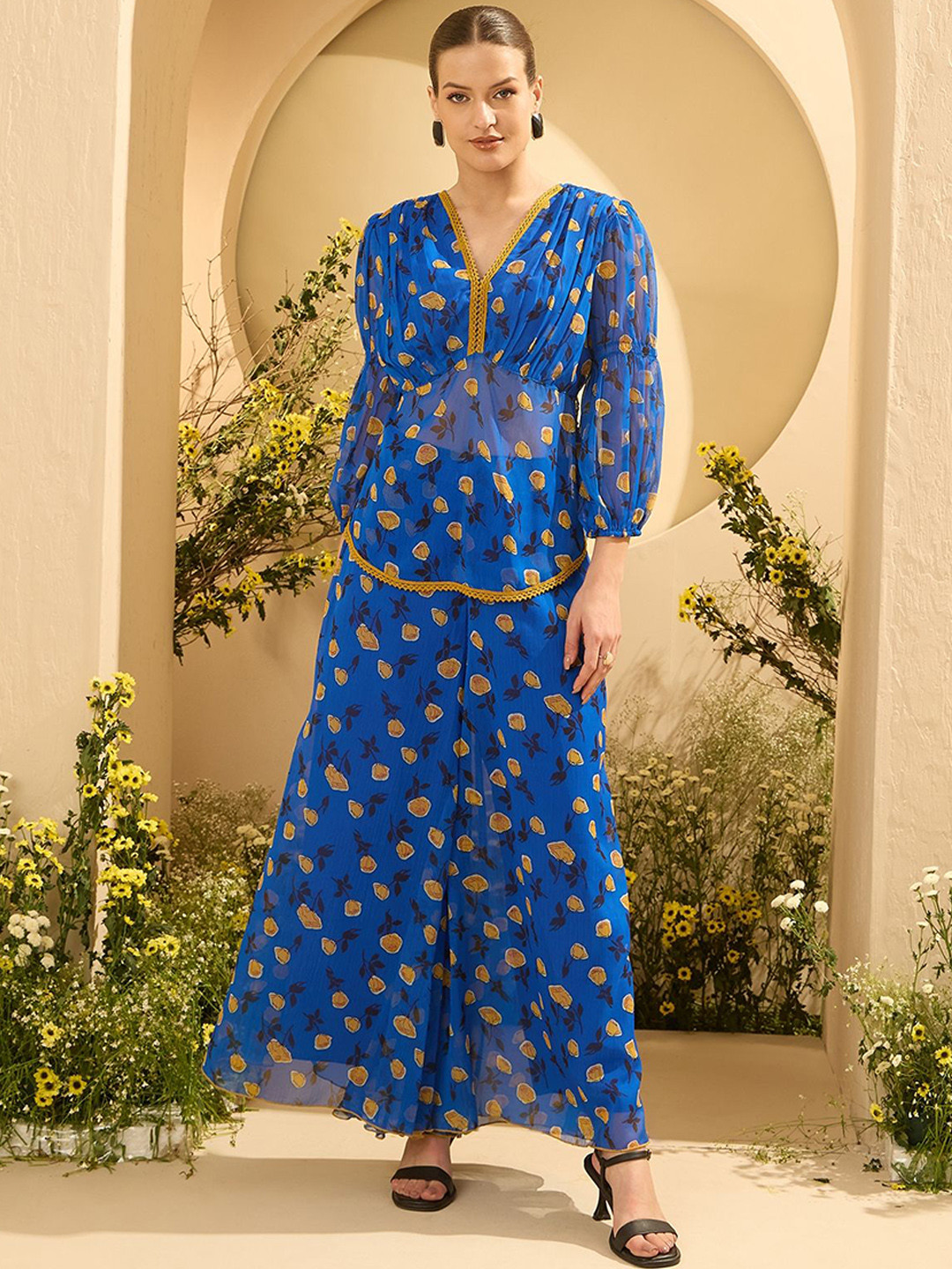 Antheaa Printed V-Neck Top With Palazzos