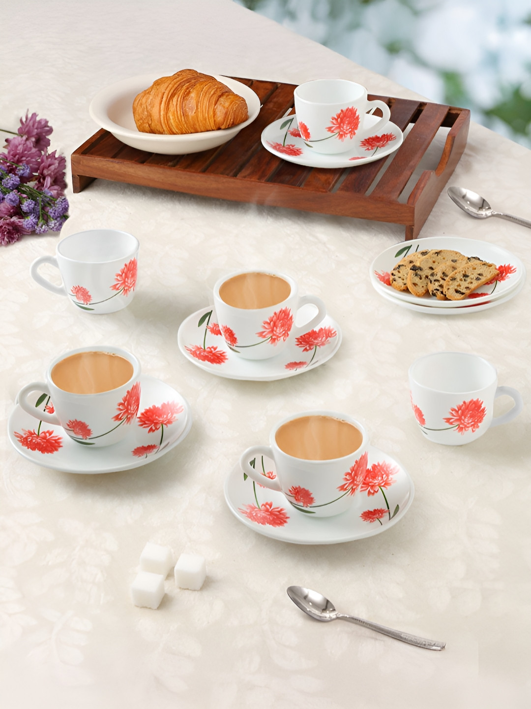 Larah by BOROSIL White & Orange 12 Pieces Printed Microwave Safe Opalware Tea Set