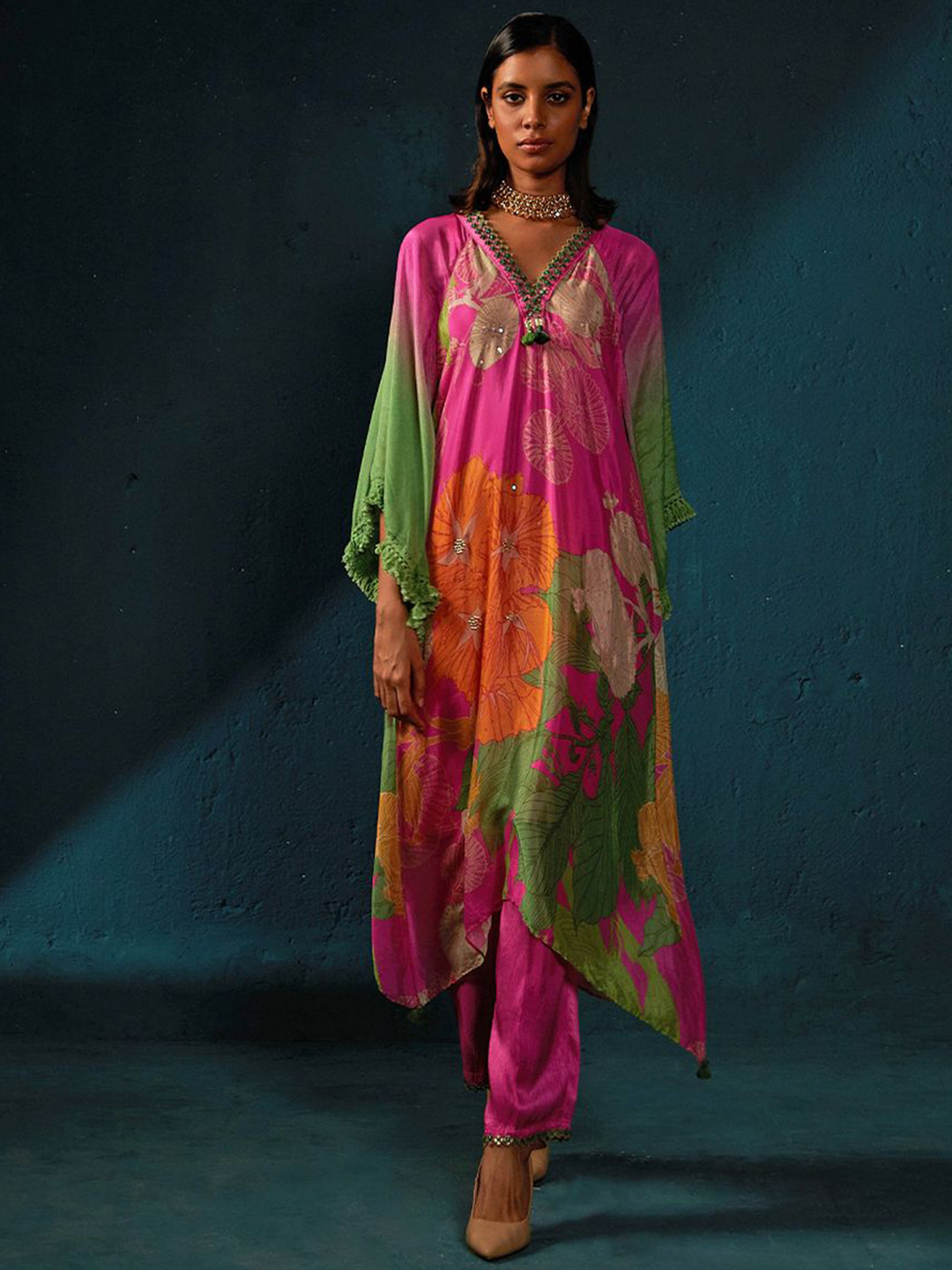 Basil leaf Floral Printed V-Neck Chinon A-Line Kurta with Trousers