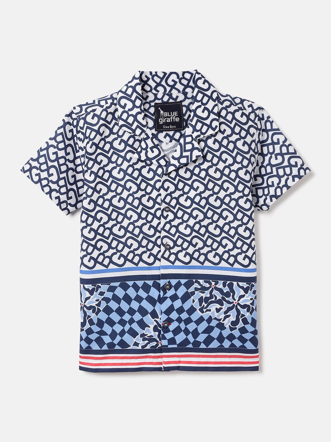 Blue Giraffe Boys Resort Collar Dobby with Branding Print Shirt