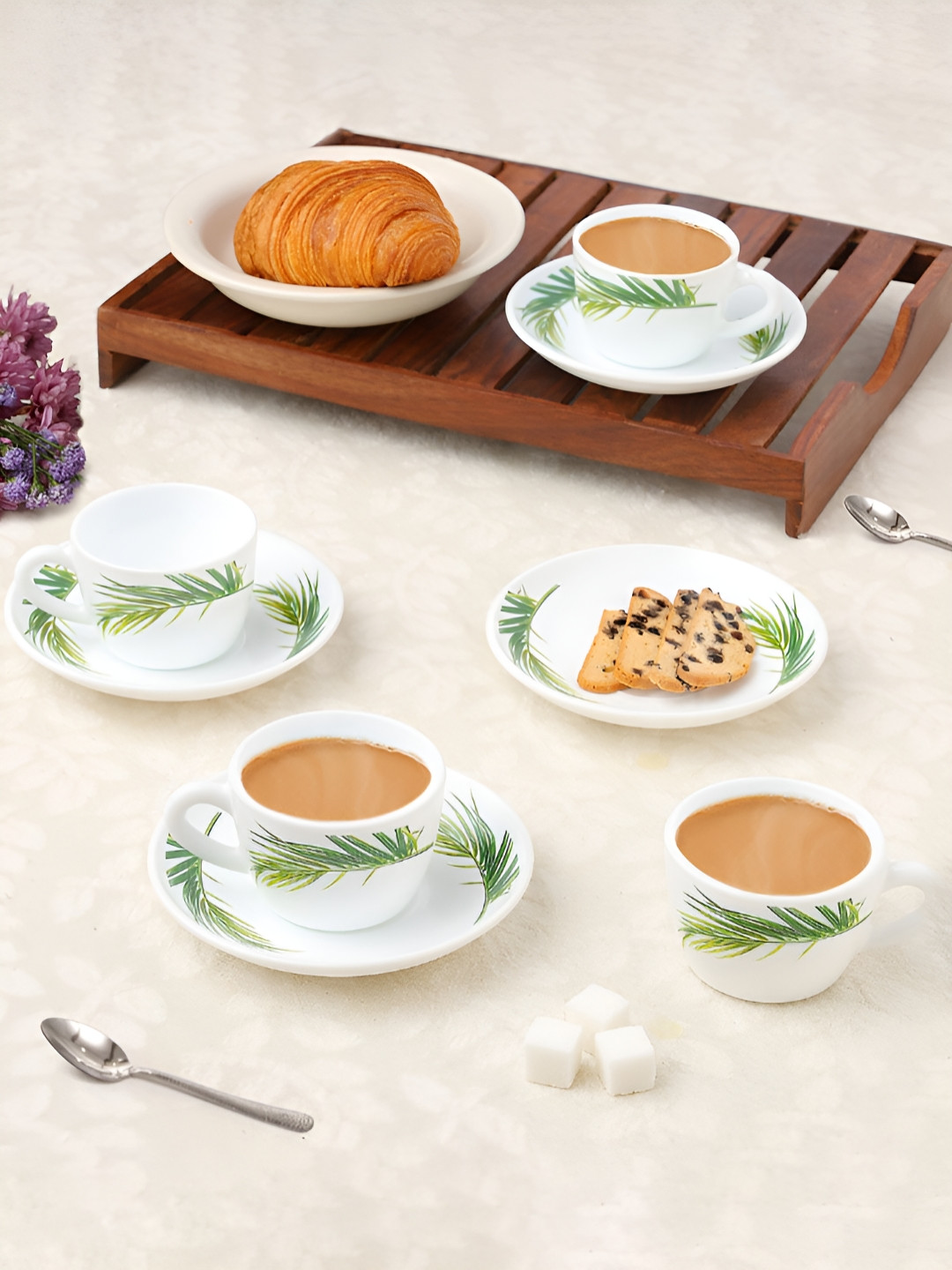 Larah by BOROSIL Crescent 8 Pieces White & Green Printed Opalware Tea Set - 140 ml Each