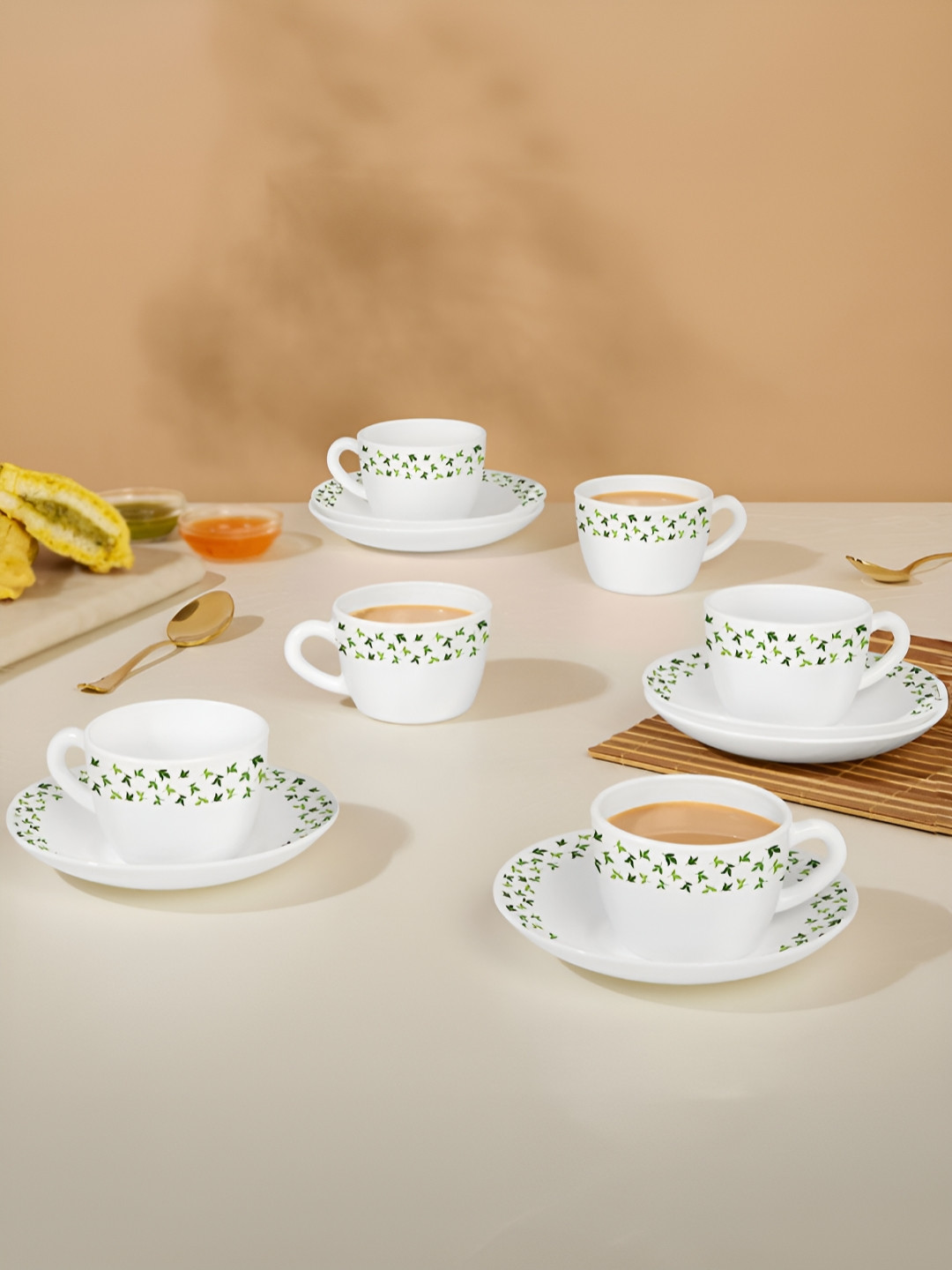 Larah by BOROSIL Sage 12 Pieces White & Green Printed Opalware Tea Set - 220 ml Each