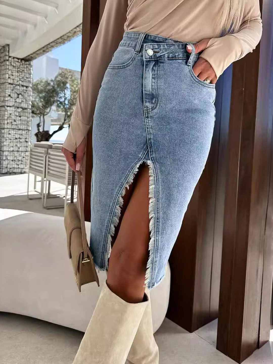 bebe Denim High Slit Frayed Hem Midi Skirt