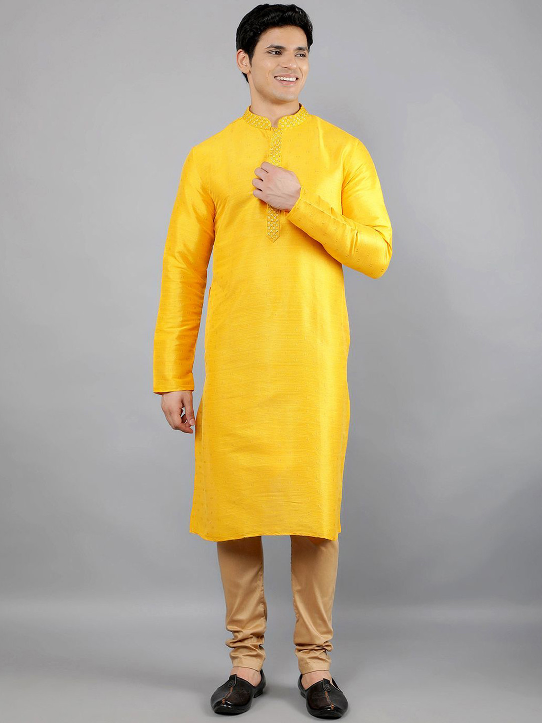 Manish Creations Men's Geometric Woven Design Thread Work Kurta With Churidar