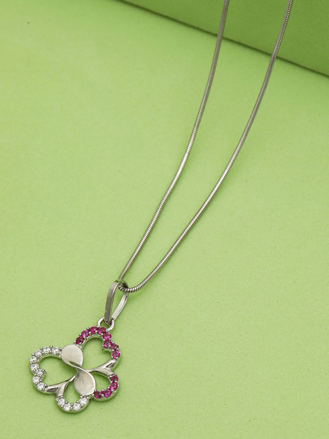 MAIRA 925 Sterling Silver Artificial Stones Studded Butterfly Shaped Pendant With Chain