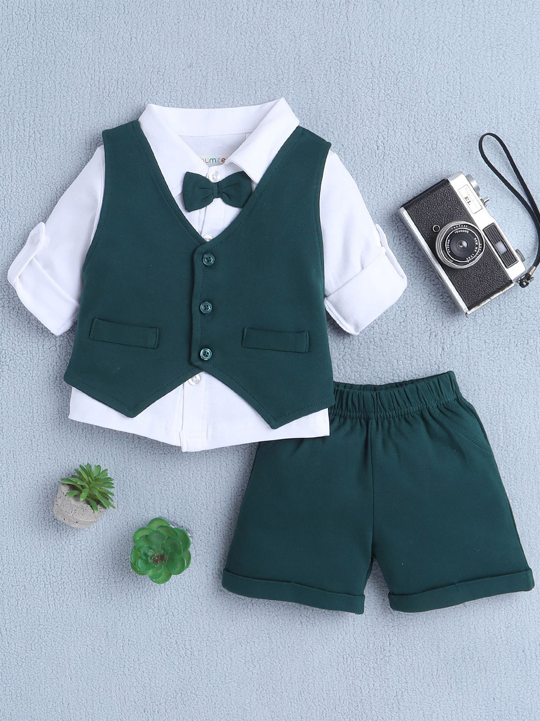 BUMZEE Boys Long Sleeves Pure Cotton Shirt With Shorts & Waistcoat