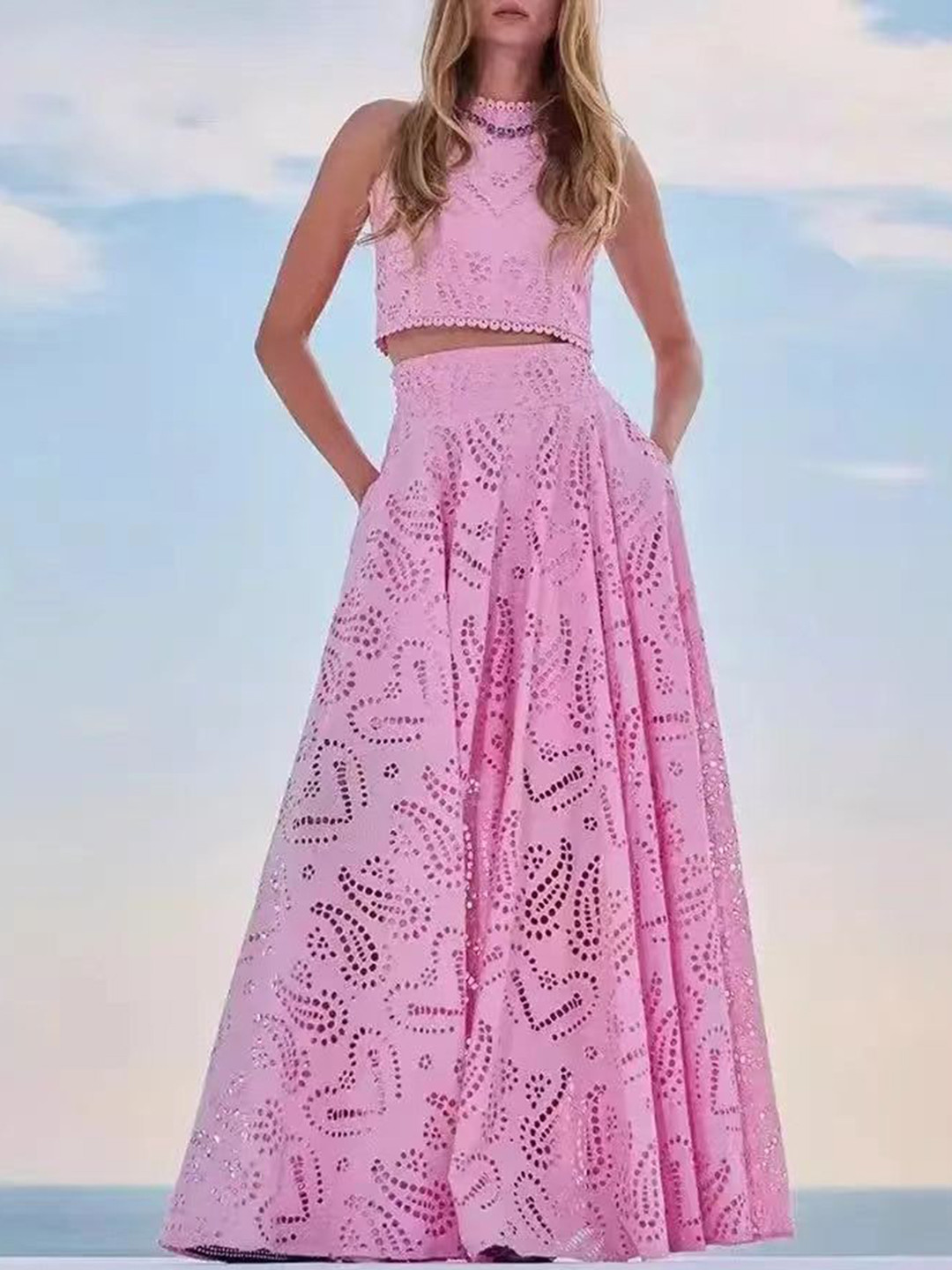 Miss Mosa By Akanksha  High Neck Pure Cotton Celine Eyelet Top With Skirt Co-Ords