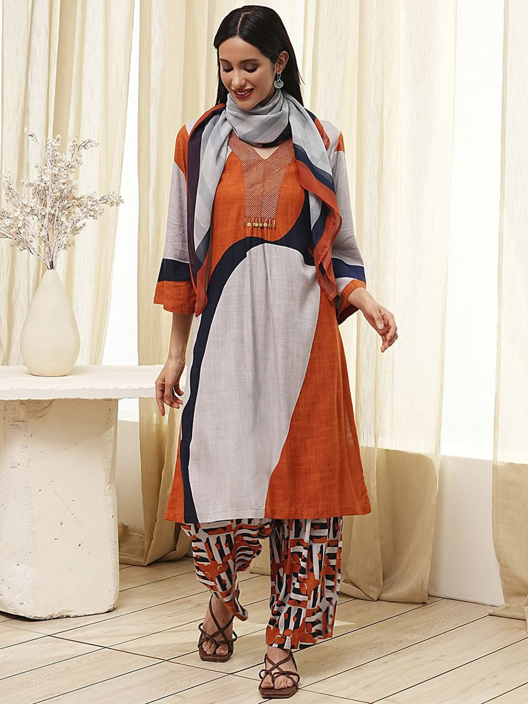 Biba Abstract Printed Pleated V-Neck Straight Kurta With Trousers & Dupatta