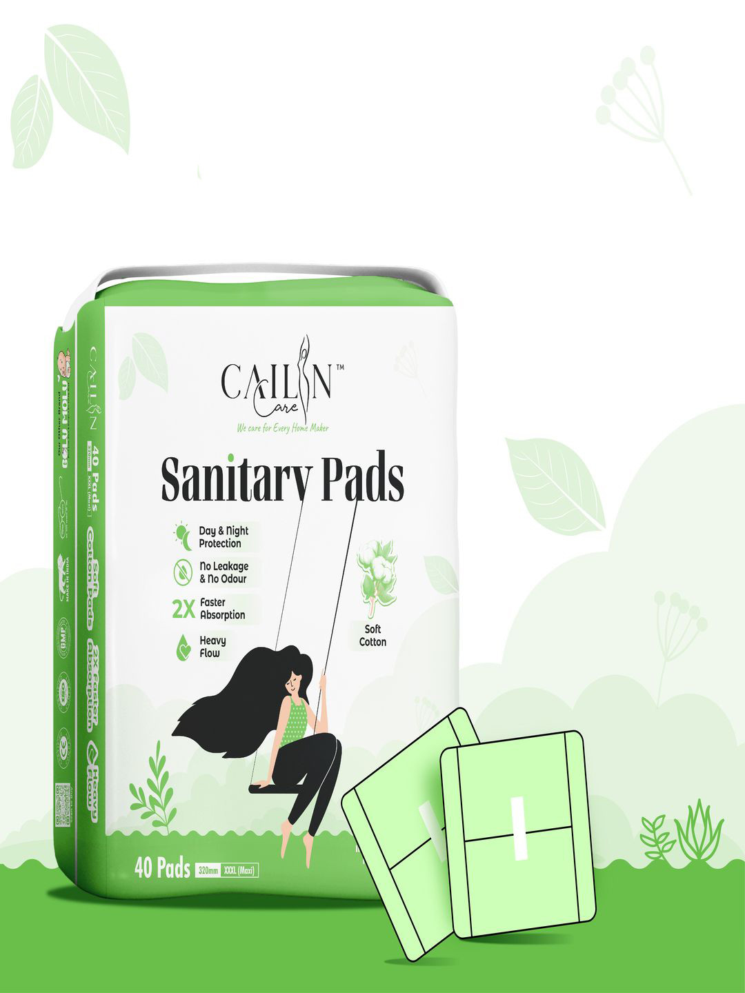 Cailin Care Day & Night Heavy Flow Protection Soft Cotton Sanitary Pads - XXXL - 40 Pads