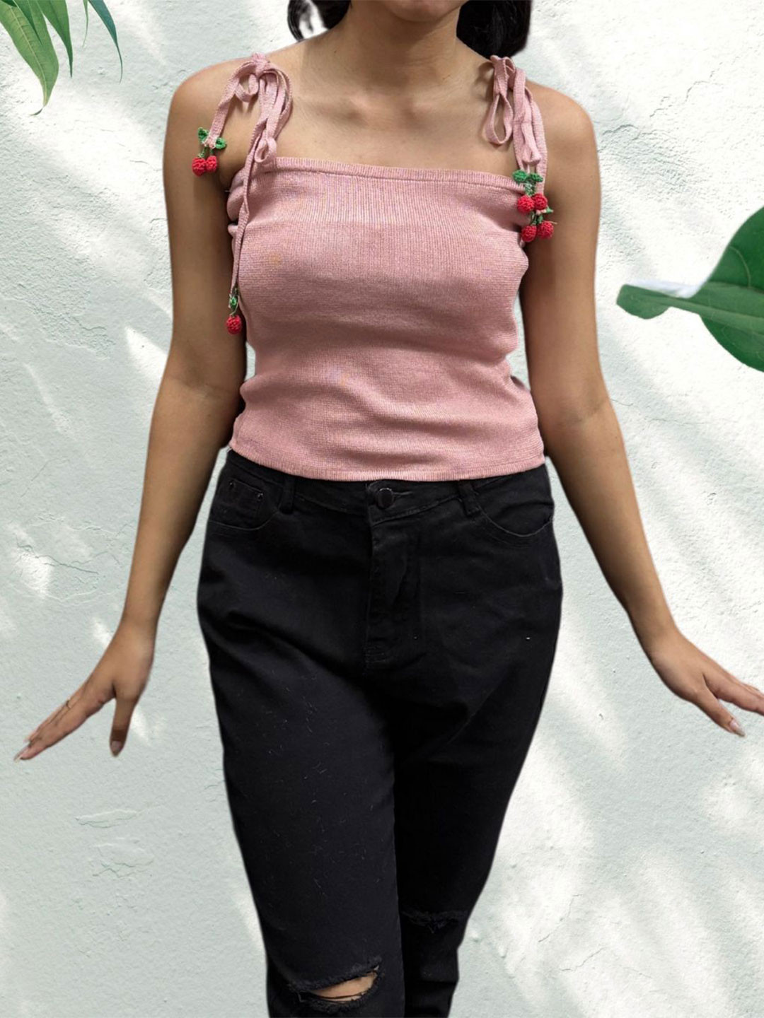 MADE FOR HER LABEL Women Cherry Knitted  Shoulder Knotting Top