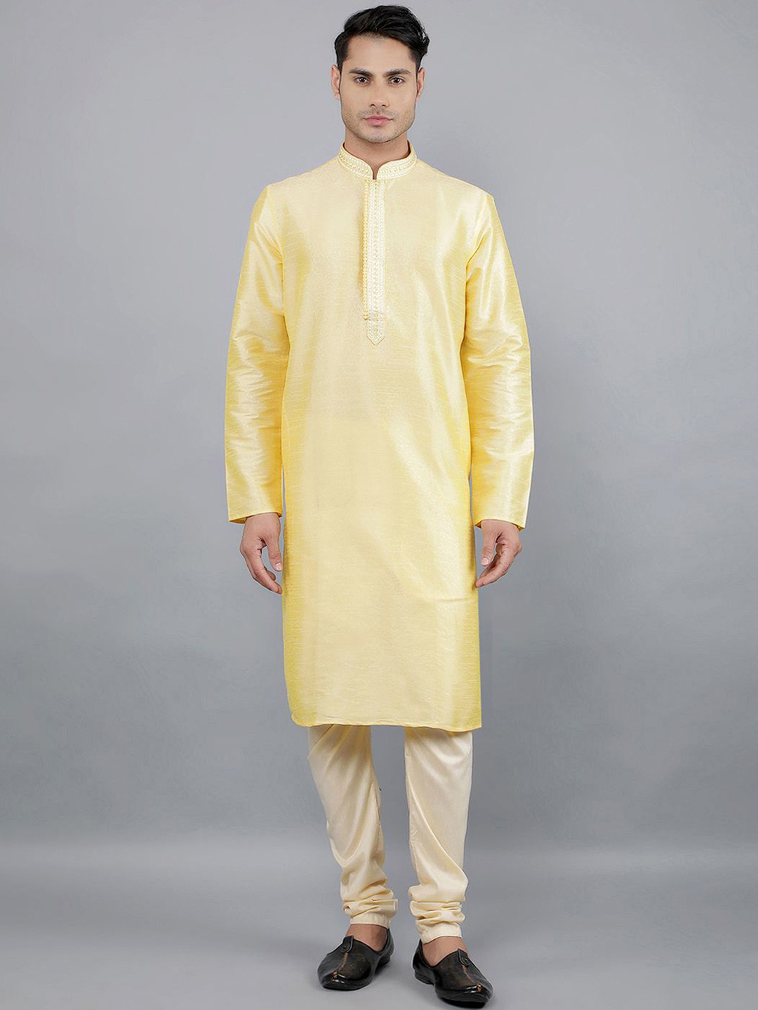 Manish Creations Men's Woven Design Silk Blend Kurta with Churidar Set