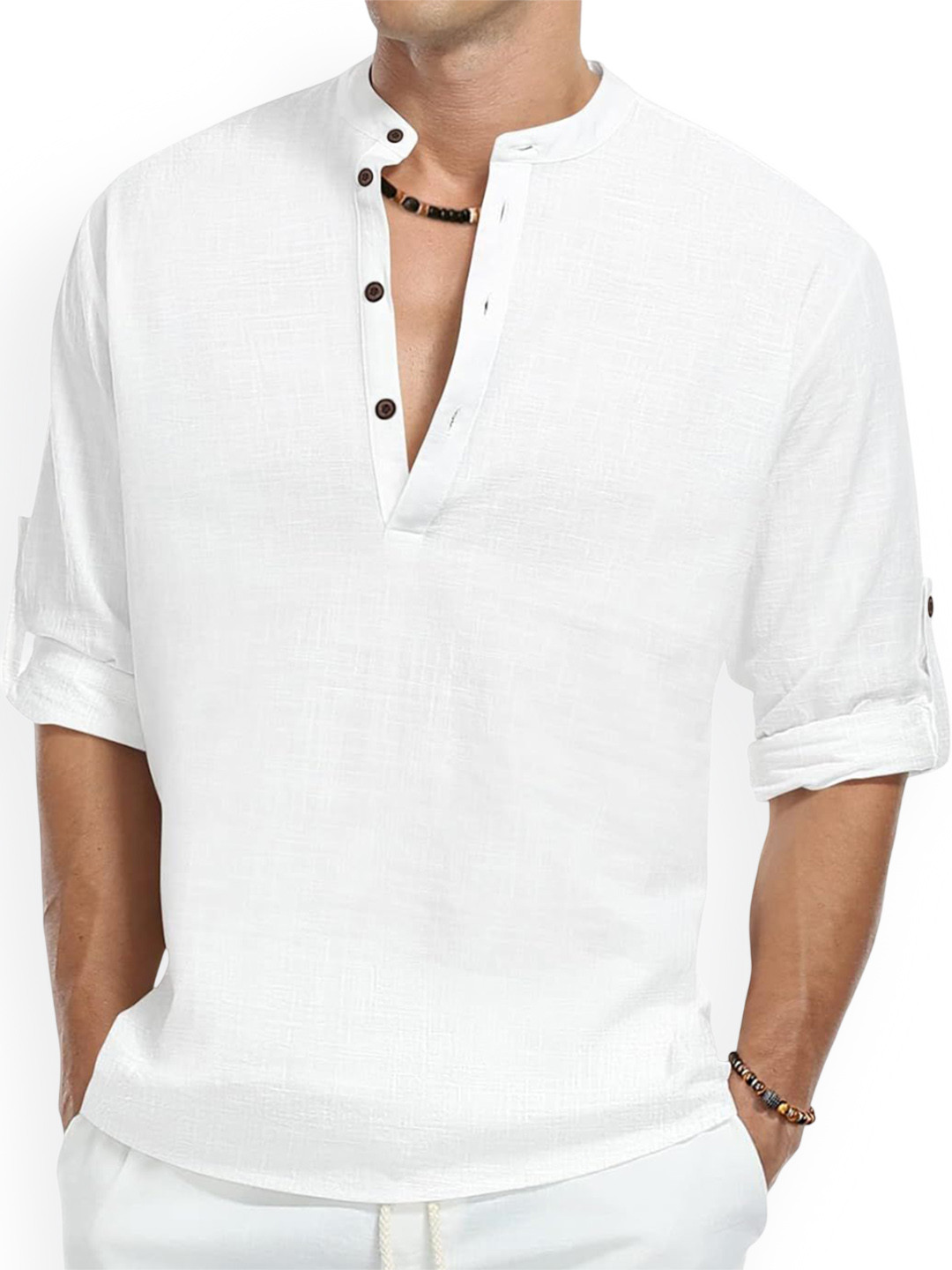 Fifth U Band Collar Roll-Up Sleeves Straight Short Kurta