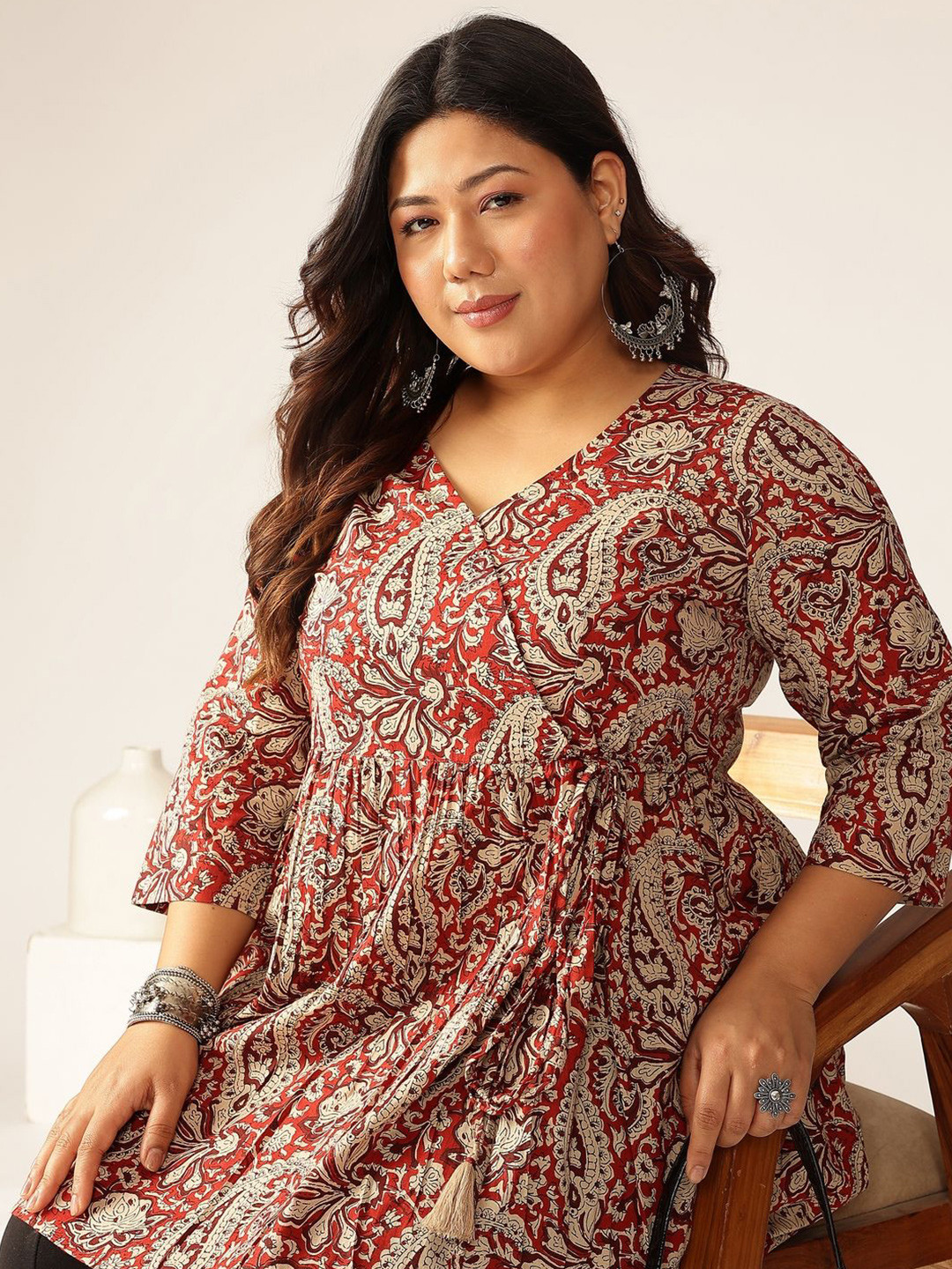 Janasya Women Plus Size Maroon Pure Cotton Paisley Printed Peplum Tunic