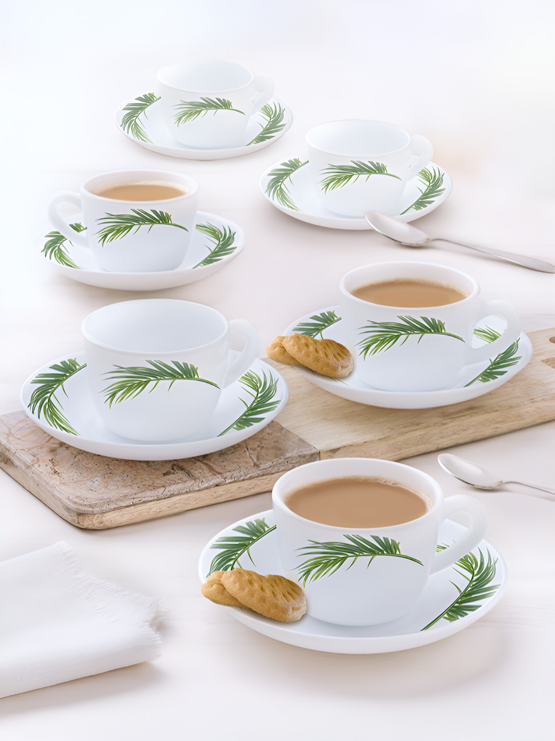 Larah by BOROSIL Crescent 12 Pieces White & Green Printed Opalware Tea Set - 90 ml Each