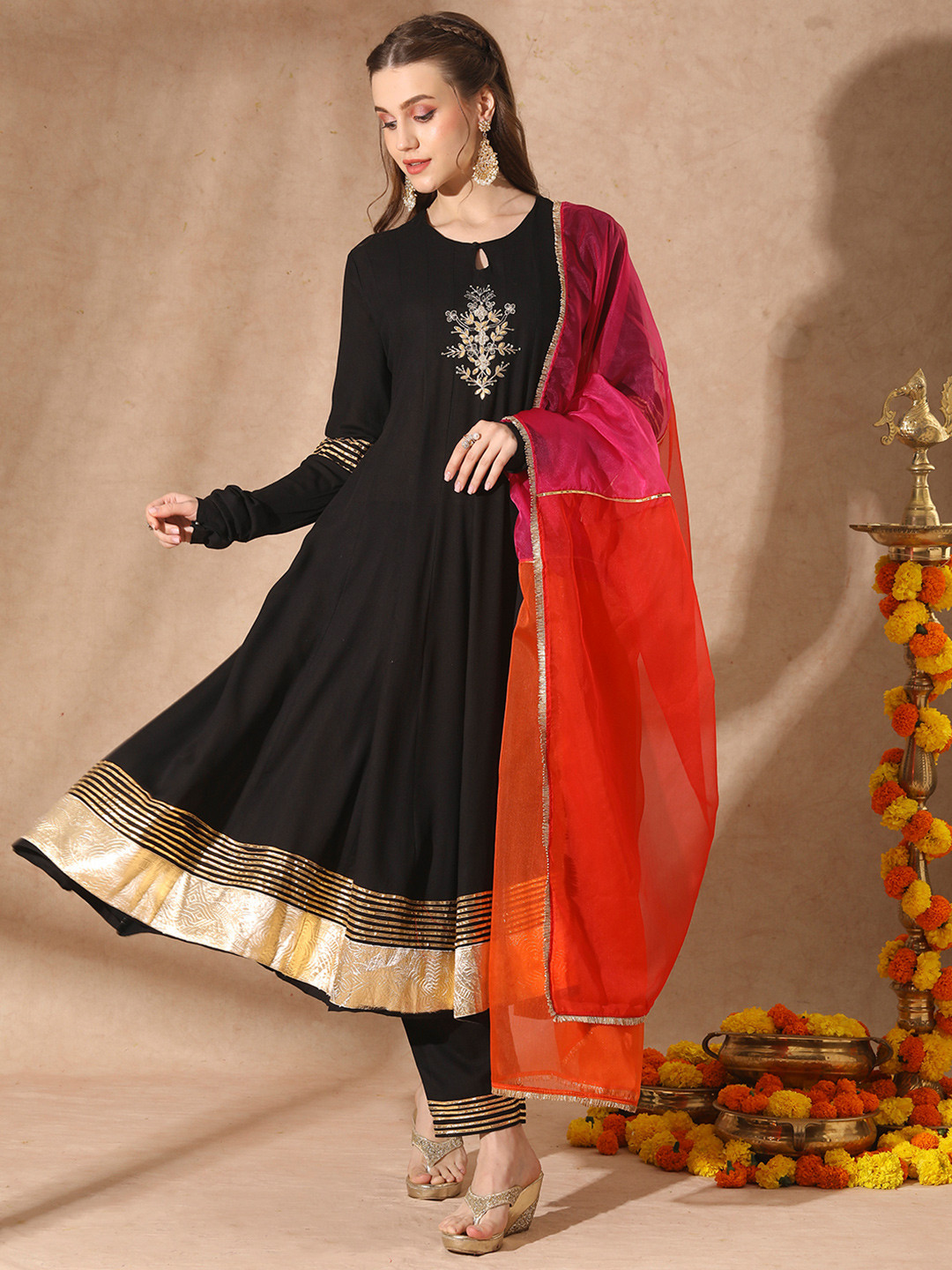 FASHOR Floral Embroidered Keyhole Neck Anarkali Kurta with Pant