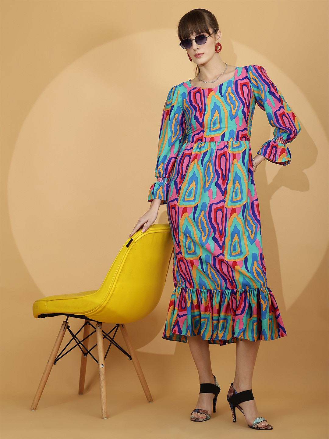 De La Moda Print Flared Sleeve Crepe Fit & Flare Midi Dress