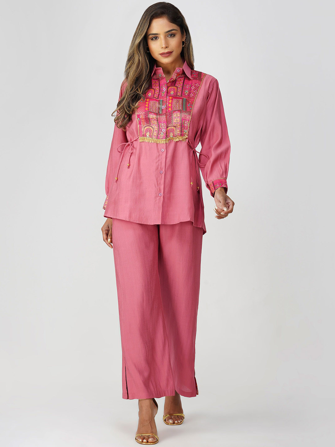 Bindigasm Woven Design Banarasi Zari-Detail Pure Silk Shirt With Palazzo