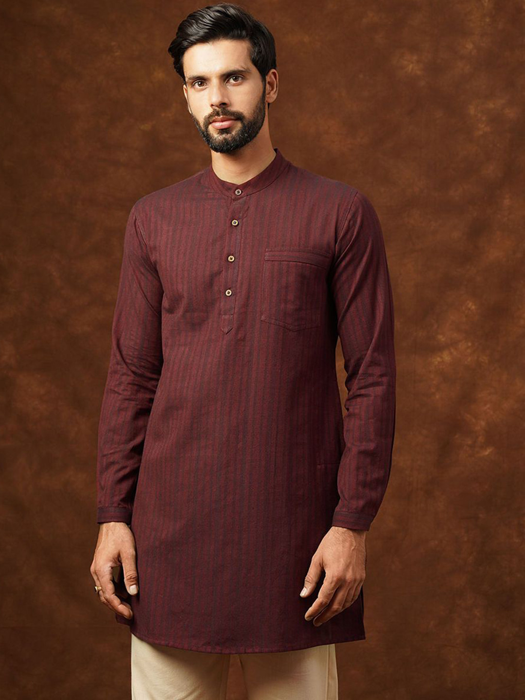 JAYPORE Striped Woven Design Band Collar Rolled-Up Sleeves Straight Kurta