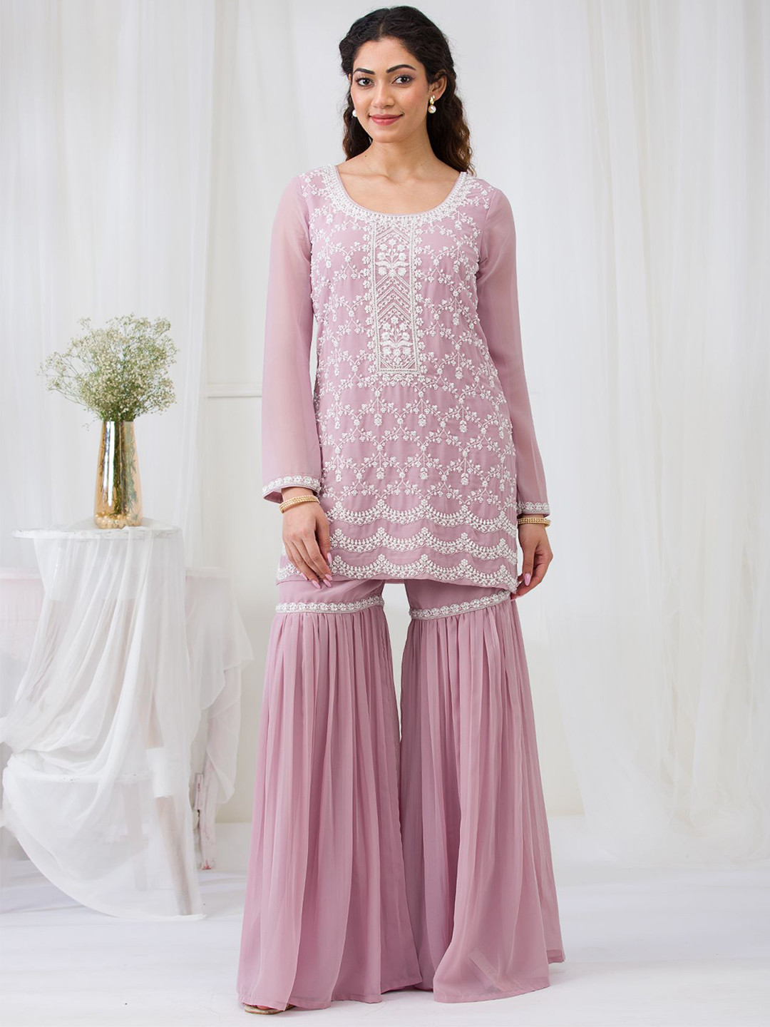 Koskii Floral Embroidered Round Neck Thread Work Georgette Kurti With Sharara & Dupatta