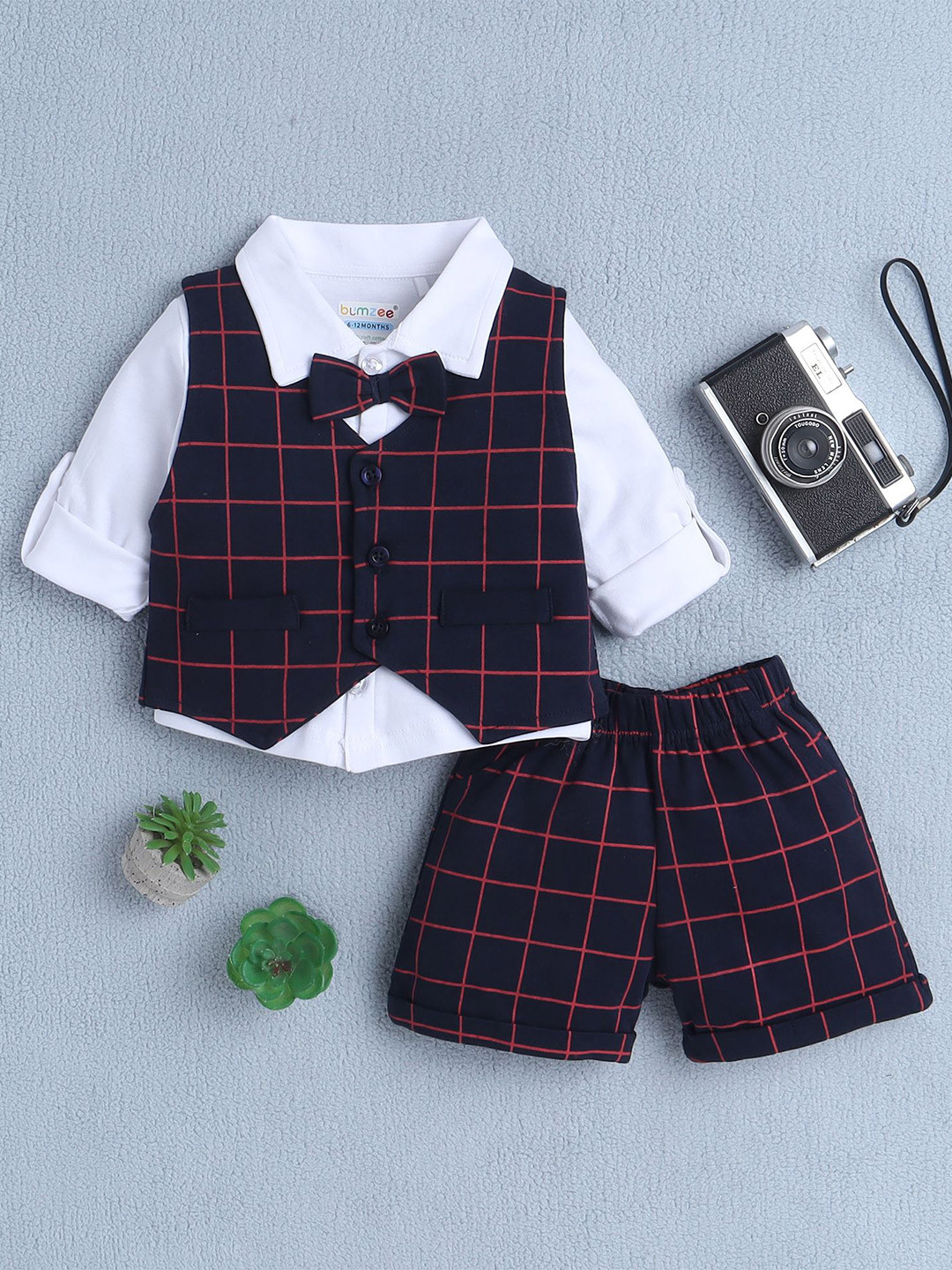 BUMZEE Boys Long Sleeves Pure Cotton Shirt With Shorts & Waistcoat