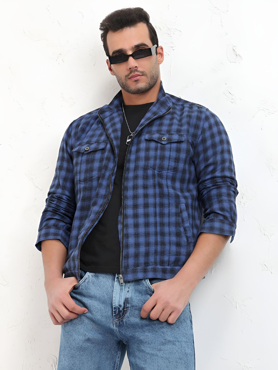 SHOWOFF Checked Band Collar Neck Slim-Fit Shackets