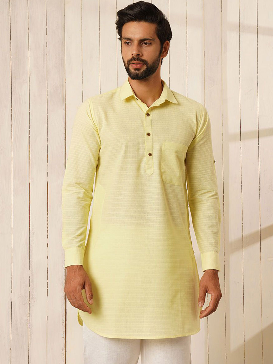 JAYPORE Striped Woven Design Shirt Collar Rolled-Up Sleeves Pathani Kurta