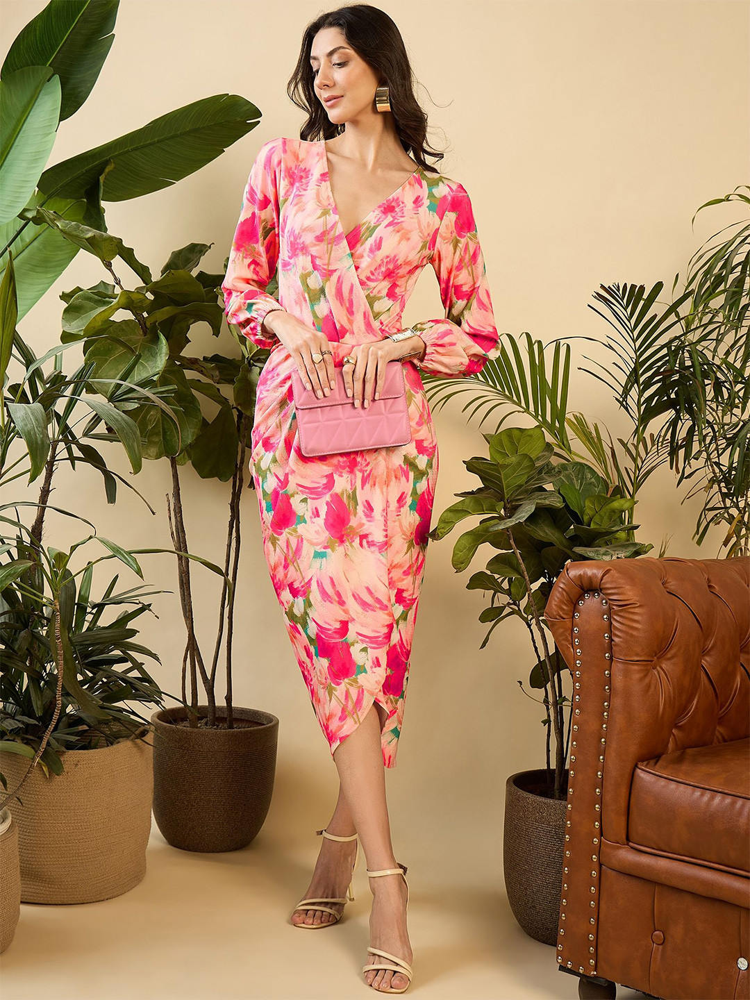 MABISH by Sonal Jain Women Floral Print  Overlap Neck Tulip midi Wrap Dress