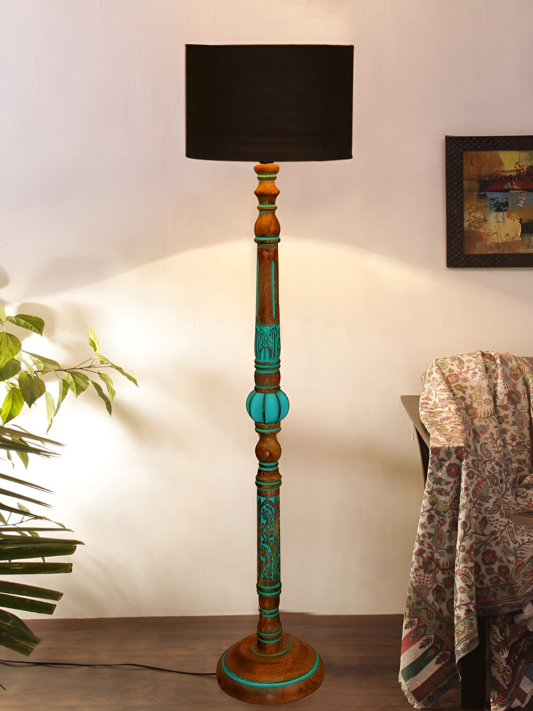 Devansh Black & Turquoise Blue Cylindrical Shaped Traditional Wooden Floor Lamp