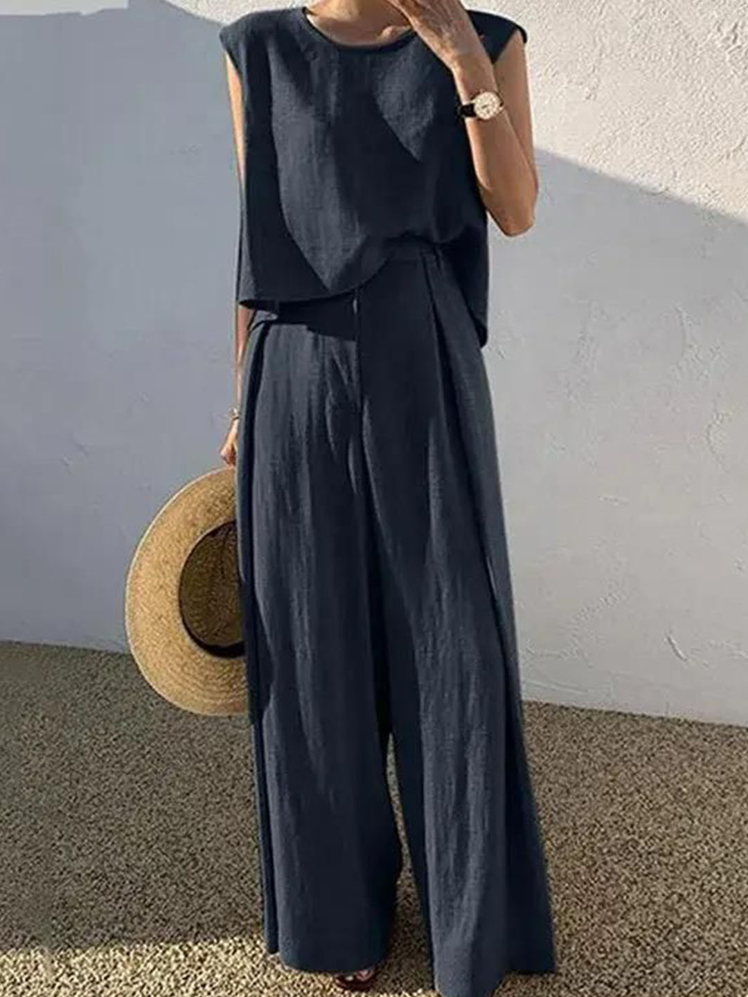 Miss Mosa By Akanksha  Round Neck Top With Palazzos Falrey Statement Linen Suit Co-Ords