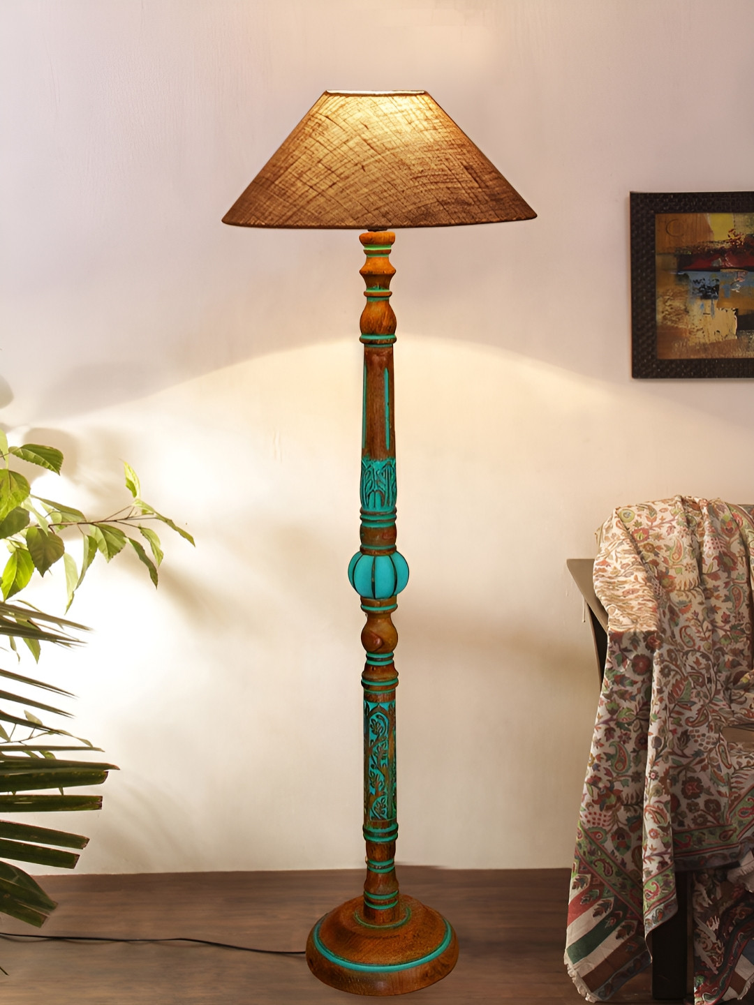 Devansh Beige & Turquoise Blue Frustum Shape Wooden Floor Lamp