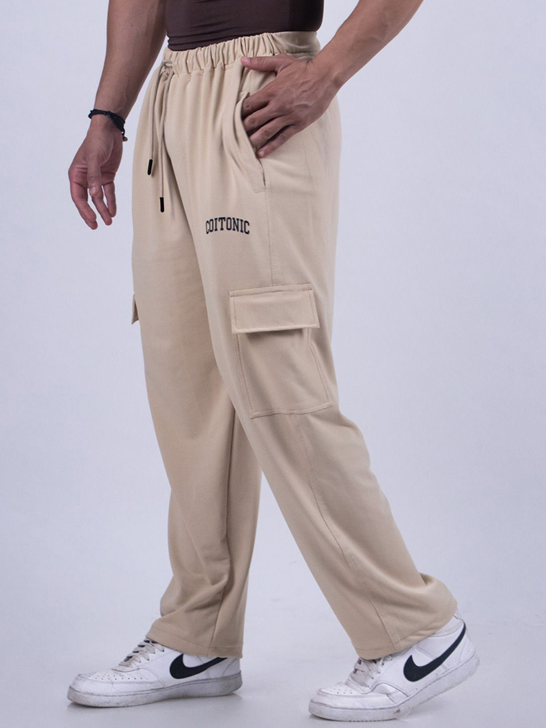 Coitonic Men Brand Logo Printed 4-Way Stretchable Anti Microbial Cargo Track Pants