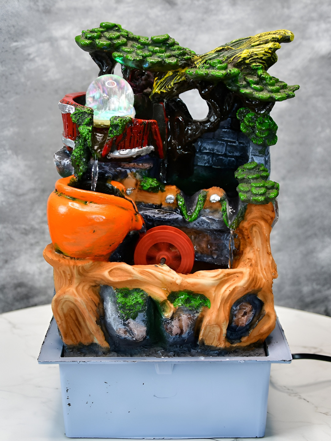 SOWPEACE Mystic Cascade Enchantment Orange Resin Glossy Living Room Fountain Medium Showpiece - 13.2 Inches