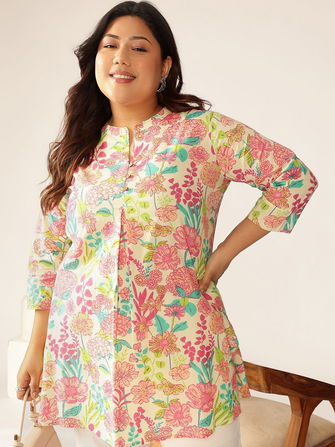 Janasya Women Plus Size Cream Pure Cotton Floral Printed A-line Tunic
