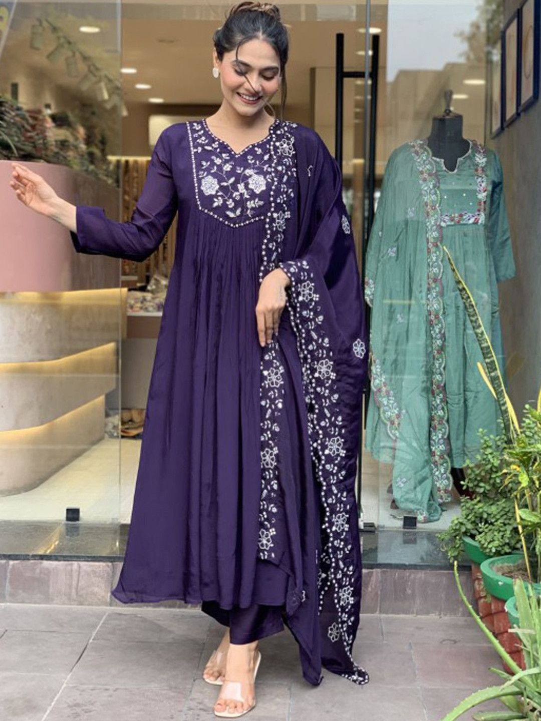 KERI PERRY Thread Work Embroidered Silk Kurta & Pant With Dupatta