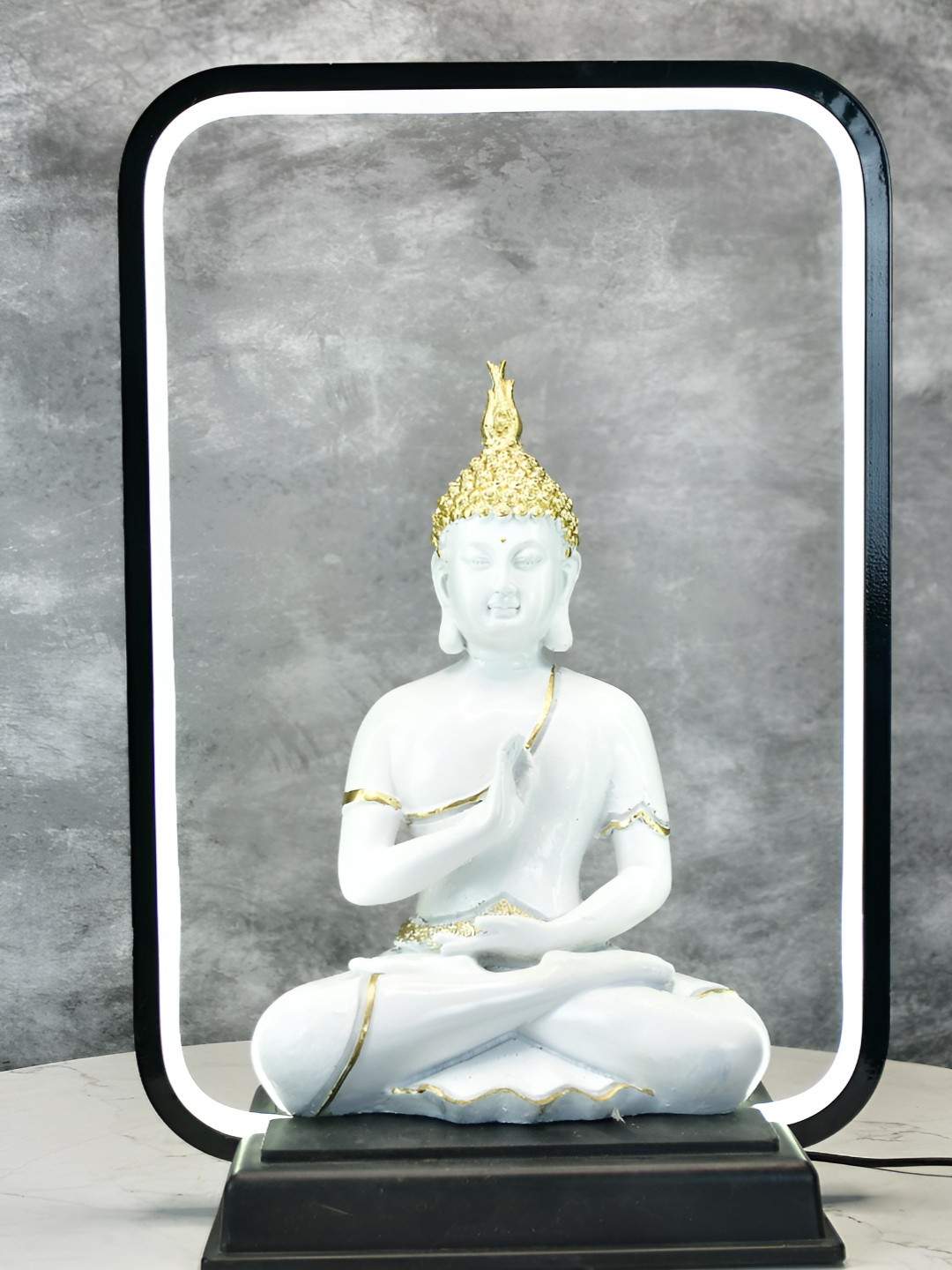 SOWPEACE Luminous Buddha White Polyresin Metallic Prayer Room Medium Showpiece - 10.4 Inches
