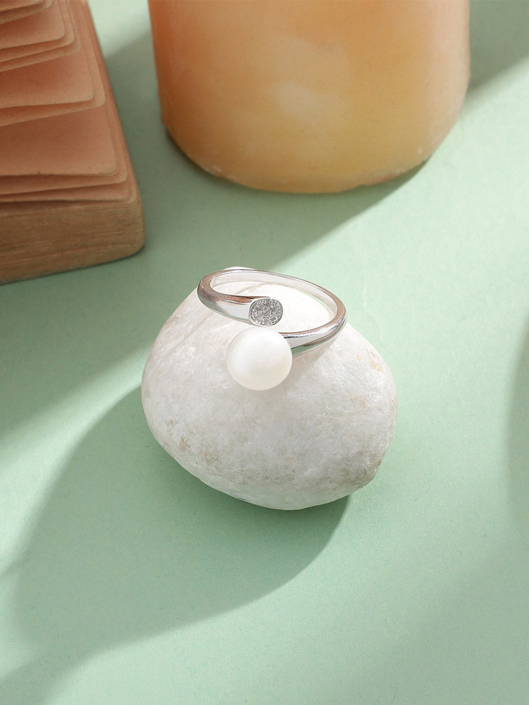 DIAVO 925 Sterling Silver Open Essence Rhodium-Plated Pearl Beaded Finger Ring